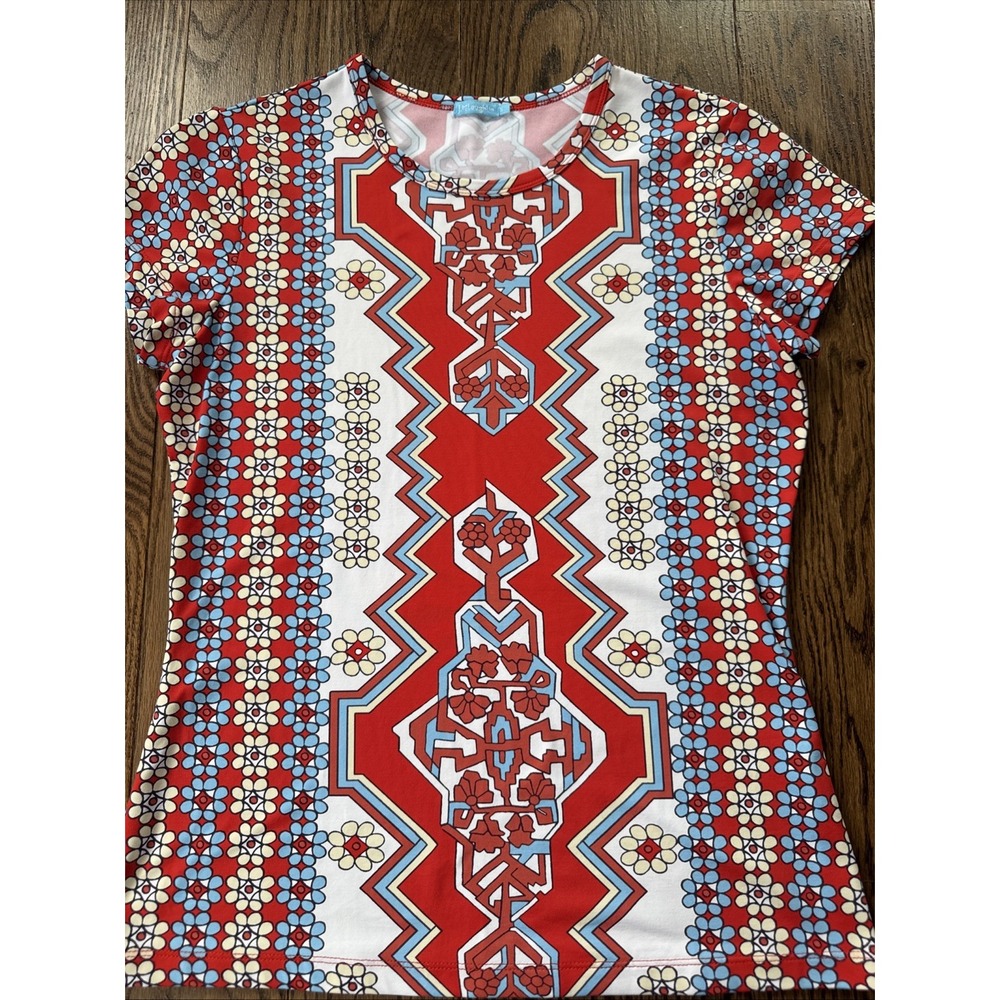 J. MCLAUGHLIN $148 Smooth Stretch Red Geo Print Short Sleeve Tee Top Size Small